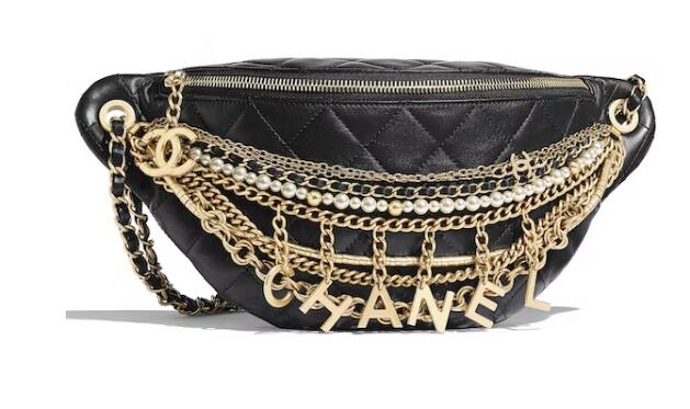 Ch**el Waist Bag Lambskin Quilted Gold/Silver-tone Black