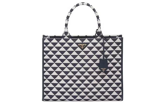 Pra*a Large Symbole Embroidered Fabric Handbag Baltic Blue/Chalk White