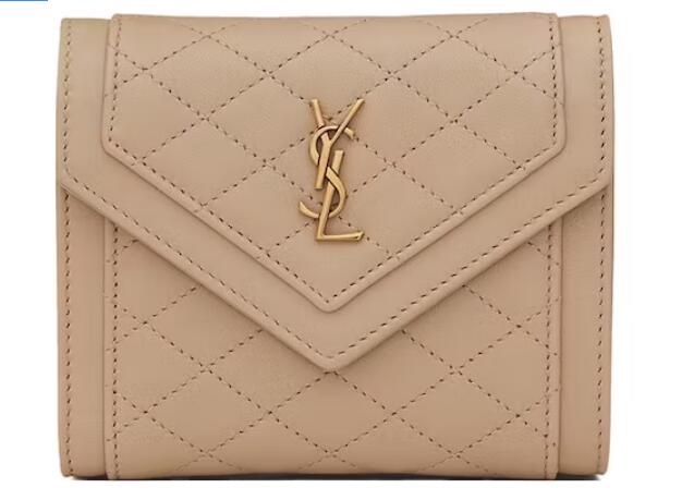 Sa1nt Lau*nt Gaby Compact Tri-Fold Wallet In Quilted Lambskin Dark Beige