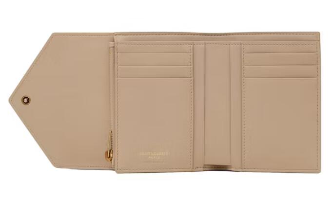 Sa1nt Lau*nt Gaby Compact Tri-Fold Wallet In Quilted Lambskin Dark Beige