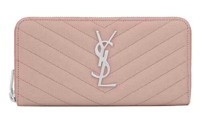 Sa1nt Lau*nt Monogram Zip Around Wallet Matelasse Grain de Poudre Pale Blush