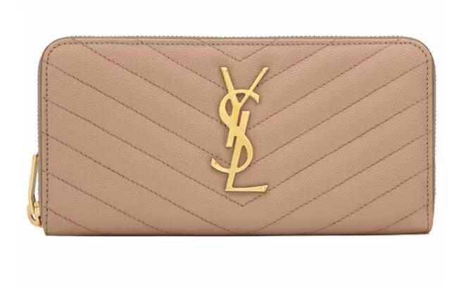 Sa1nt Lau*nt Monogram Zip Around Wallet Grain De Poudre Dark Beige