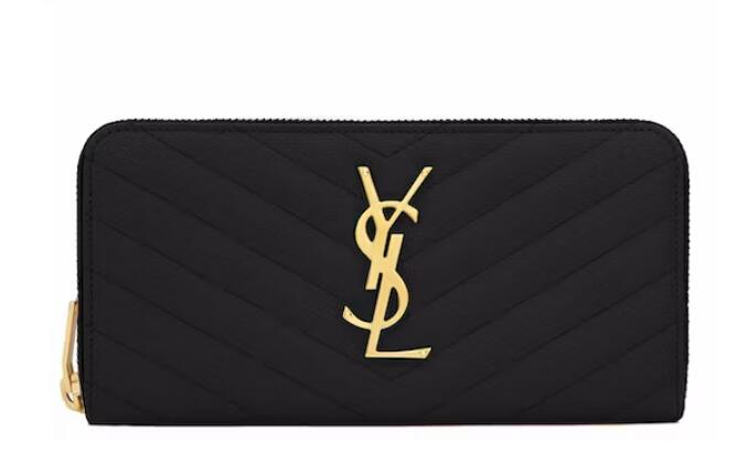 Sa1nt Lau*nt Monogram Zip Around Wallet Matelasse Grain de Poudre Gold-tone Black
