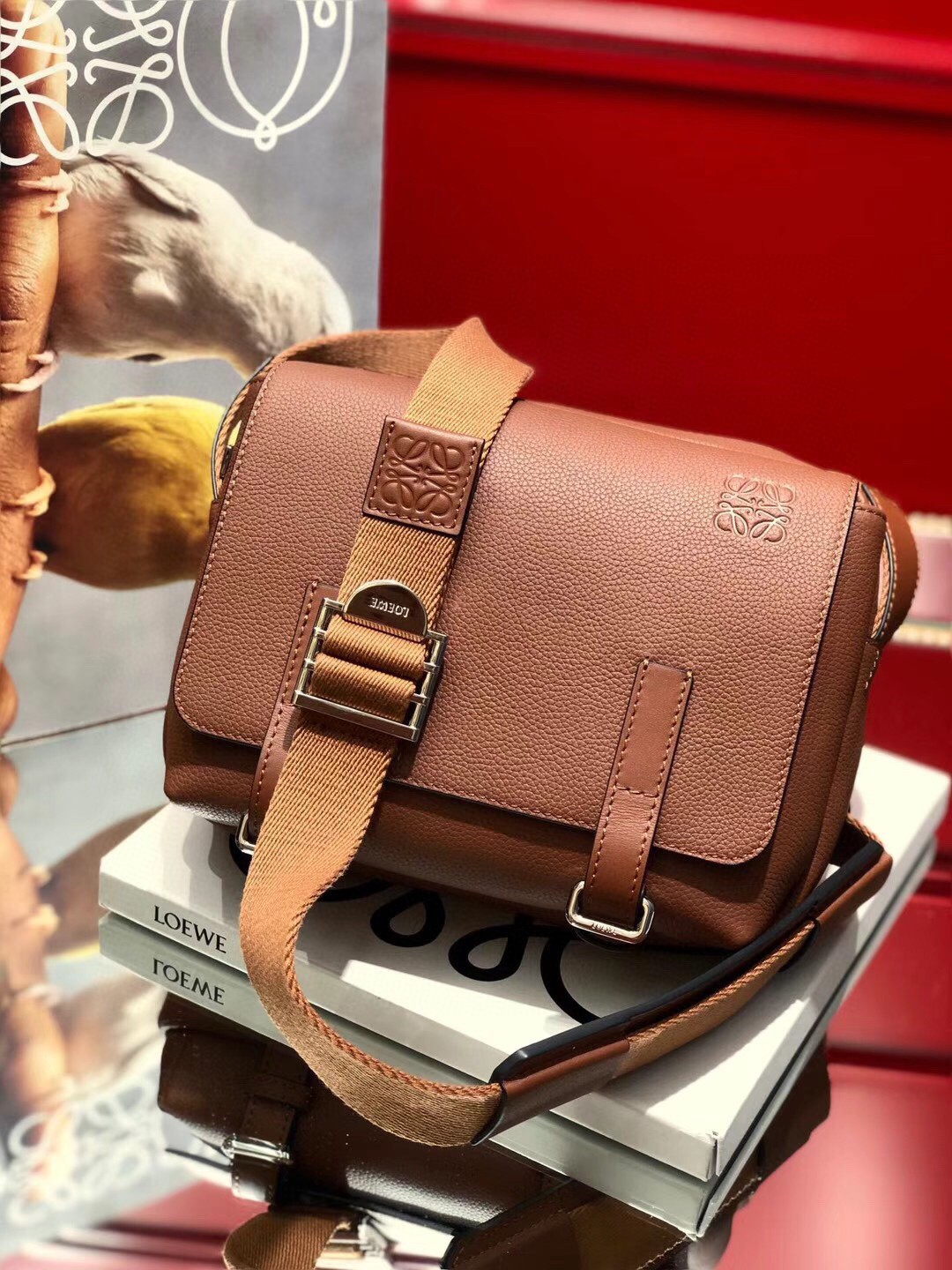 L0ew* men's tan xs military messenger bag in soft grained calfskin