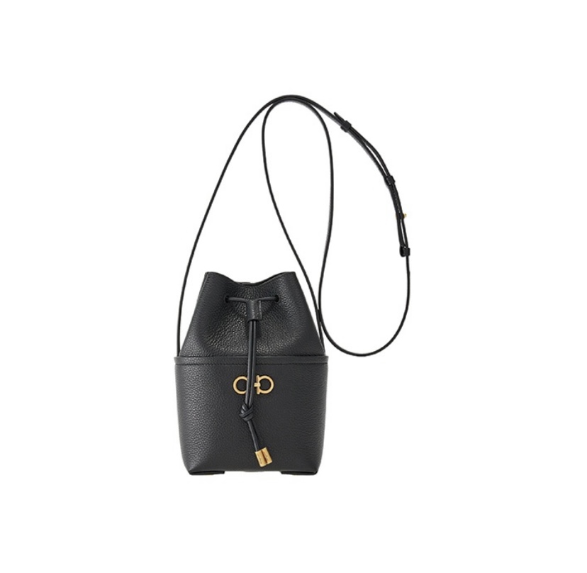 Ferragamo Women's Black Mini Gancini Bucket Bag In Hammered Leather