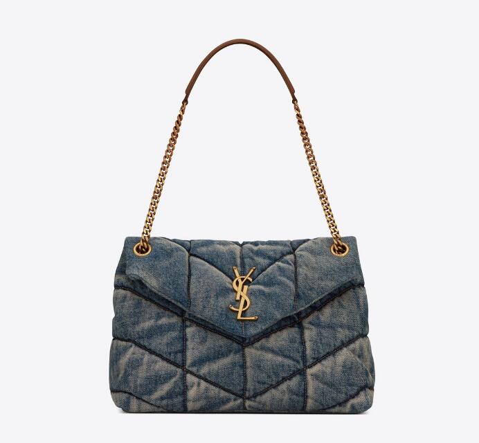 Women's Sa1nt Lau*nt Puffer Medium Chain Quilted Denim and Suede Crossbody Bag
