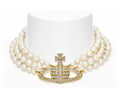 Vivienne Westwood Choker Three Row Pearl Bas Relief Gold